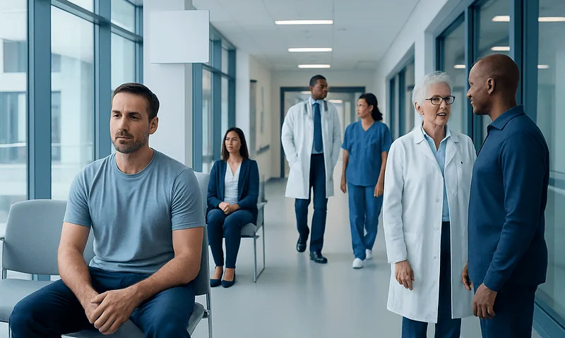 Patients waiting and consulting in a modern hospital corridor.