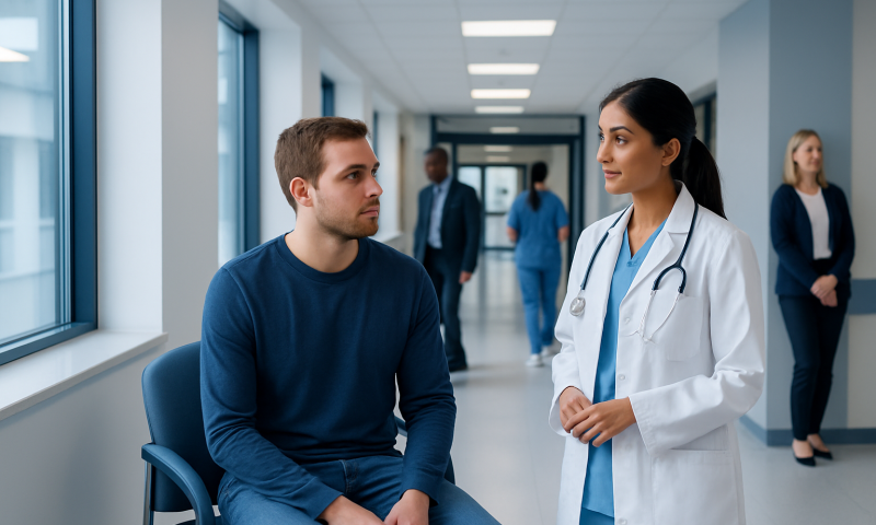 Doctor consulting male patient in hospital corridor.