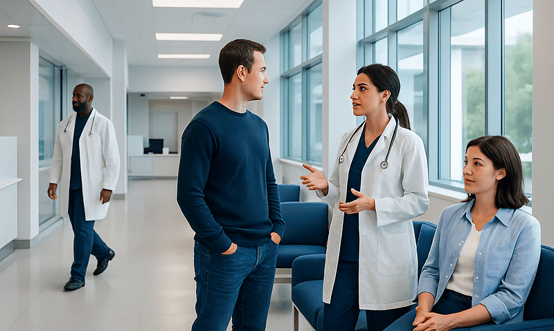 Medical consultation at Acibadem Hospital with doctor and patients.