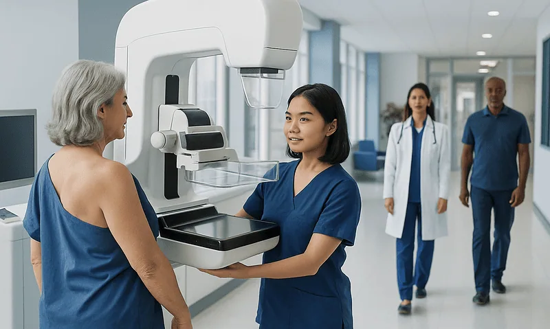 Patient undergoing mammogram with advanced imaging technology at Acibadem Hospital.