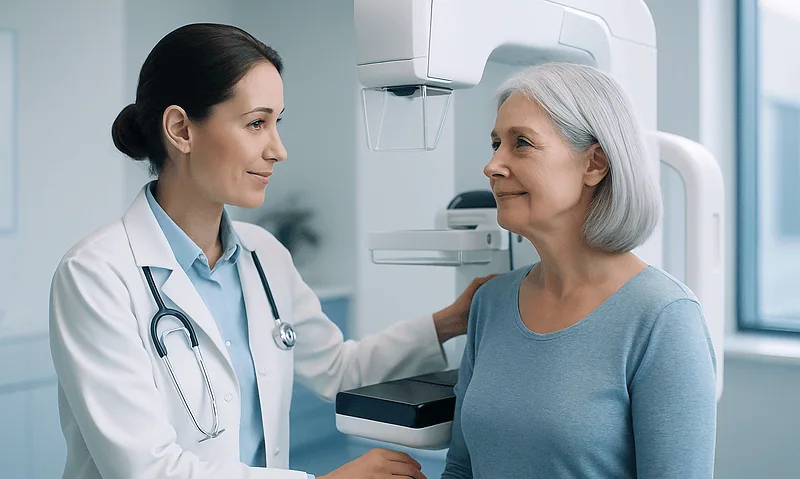 Medical professional explains mammogram procedure to senior woman in clinic.