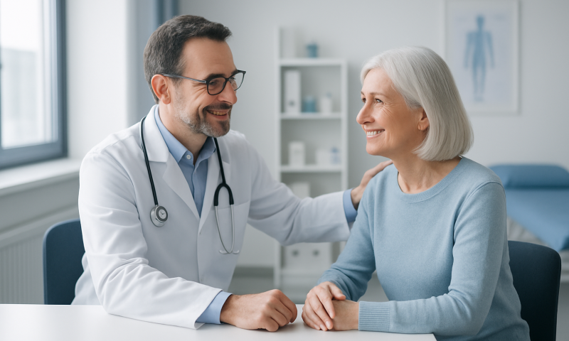 Doctor consulting with an elderly female patient in a medical office.
