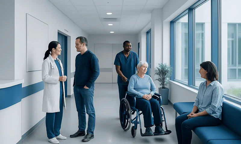 Medical team consulting with elderly patient in hospital corridor.