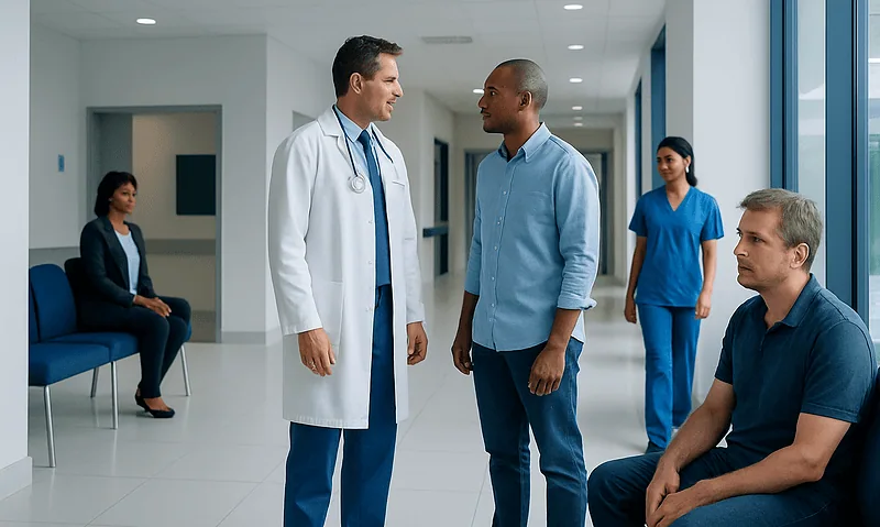 Doctor talking to patient in hospital corridor with staff and patient.