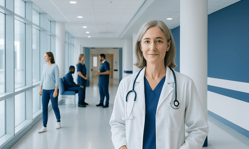 Experienced female doctor in a hospital corridor with medical staff in background.