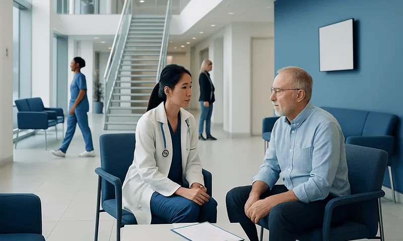 Doctor consulting with a patient in a modern hospital lobby.
