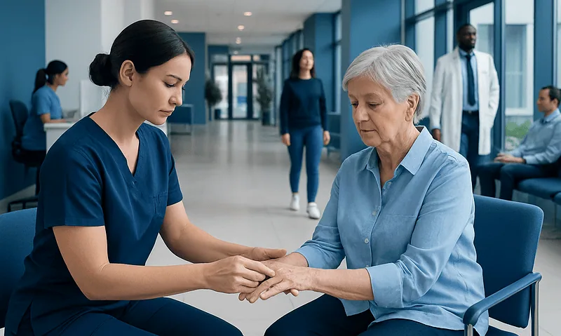 Nurse providing hand massage to elderly woman in hospital waiting area.