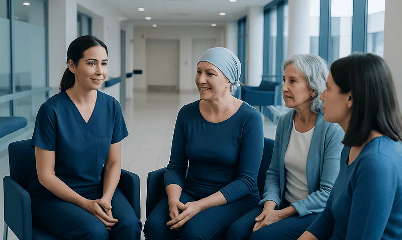 Support group of women, including a cancer patient, in a hospital corridor.