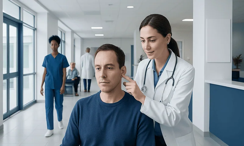 Mastoiditis Treatment: How It Works, Results and What to Expect 2 Doctor examining a patient in a hospital corridor with medical staff in background.