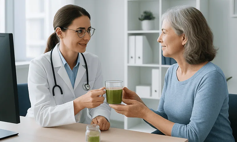 Doctor giving green tea to elderly woman at hospital.