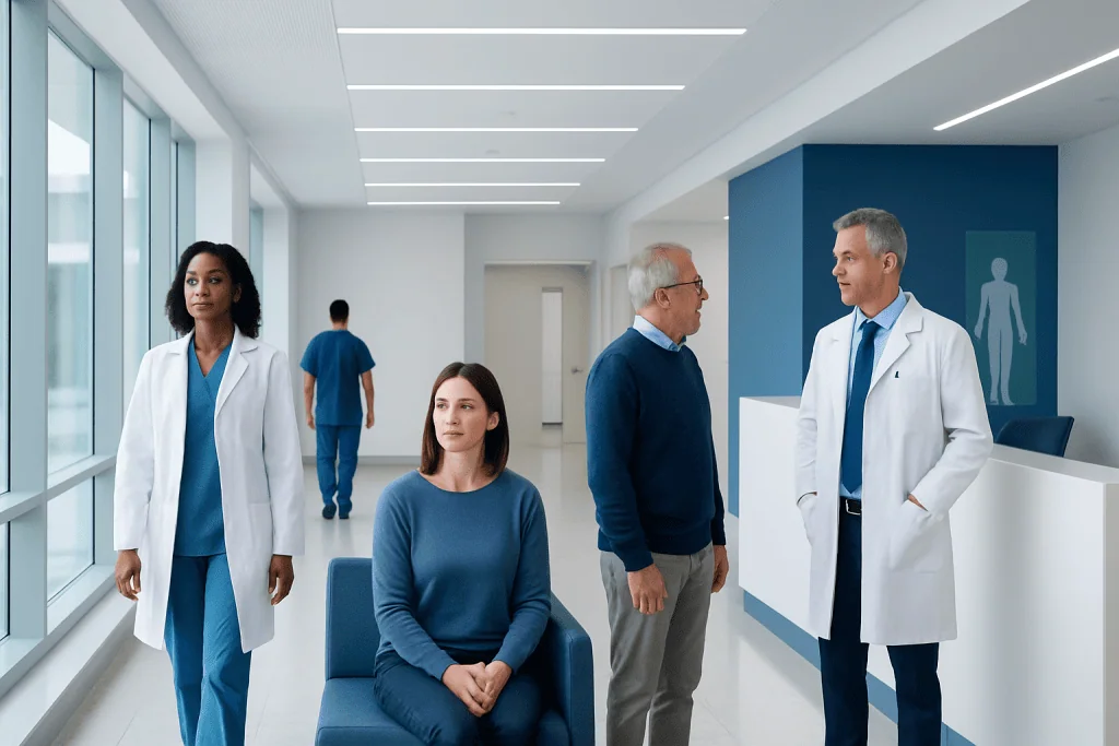 Mavacamten: An Evidence-Based Guide for Patients 1 Medical professionals and patient in a hospital corridor.