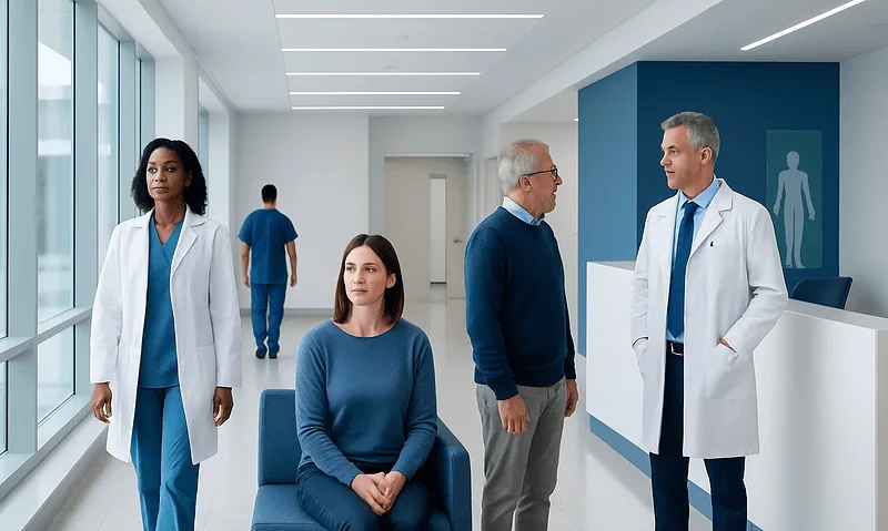 Health Library 4 Medical professionals and patient in a hospital corridor.