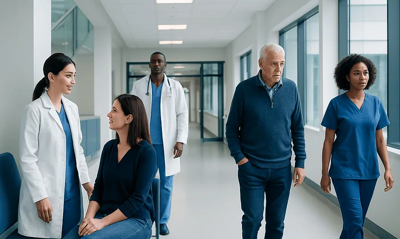 Medical team walking in hospital corridor with patient and staff.