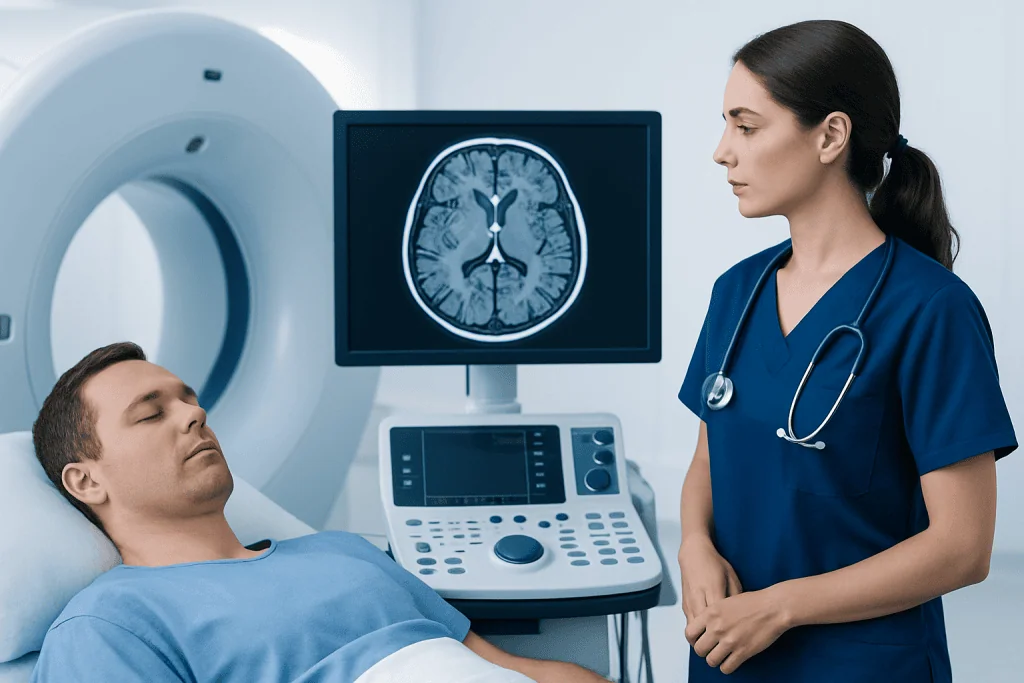 Medical professional reviewing brain scan in hospital setting.