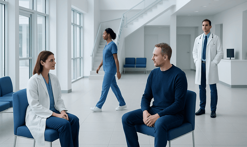 Mced Test Cost: What Patients Really Pay 6 Patients and medical staff in a modern hospital waiting area.