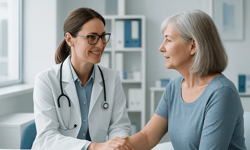 Doctor consulting with an elderly female patient in a medical office.