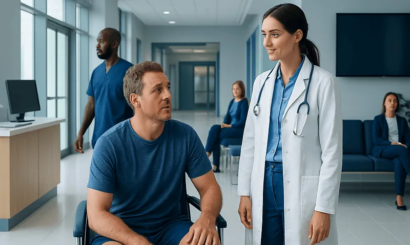 Doctor consulting with patient in hospital corridor at Acibadem Hospitals Group.