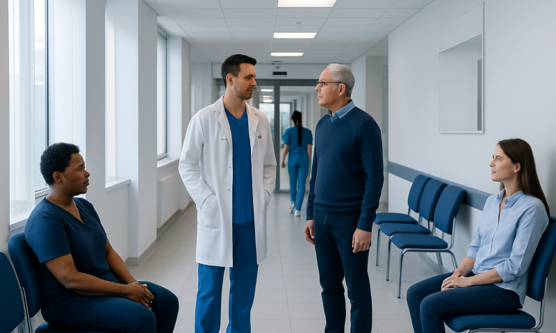 Doctor consulting with patients in hospital corridor for Mcrpc treatment.