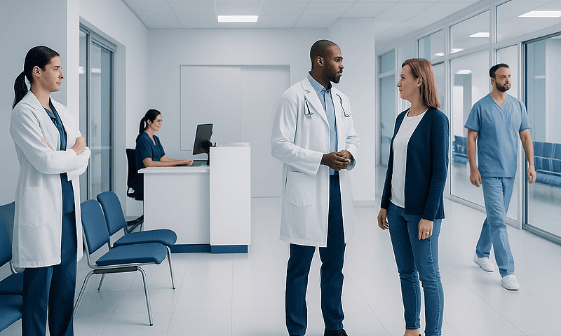 Medical professionals and staff in a modern hospital corridor.