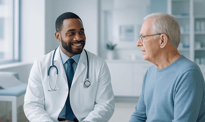 Doctor consulting with elderly patient in a modern clinic setting.