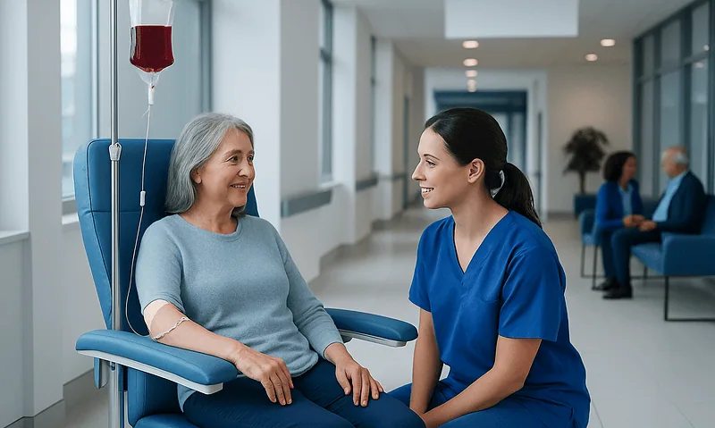 Elderly woman receiving blood transfusion in hospital.