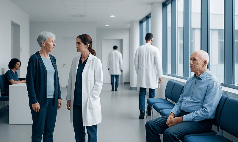 Patients and doctors in a modern hospital corridor with large windows.