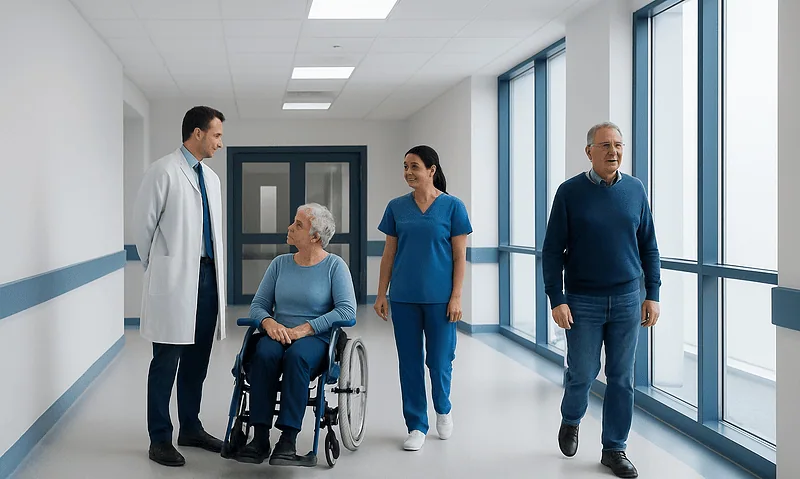 Medical team with elderly patient in hospital corridor.