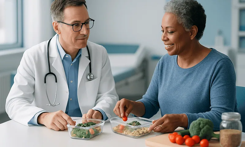 Doctor and patient discussing healthy meal options in a medical setting.