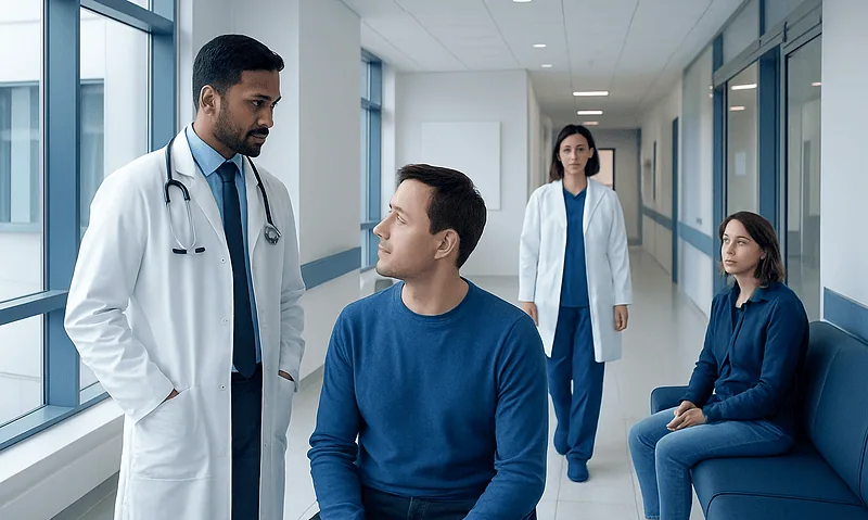Doctor consulting male patient in hospital corridor with medical staff nearby.
