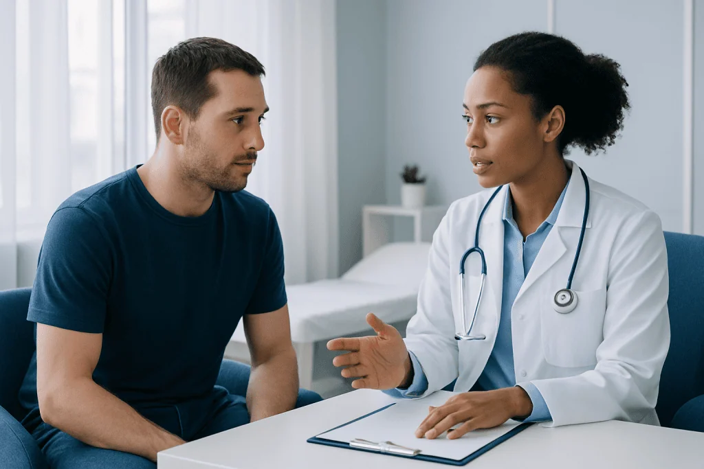 Doctor consulting with a male patient in a medical office setting.