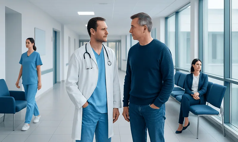 Doctor and patient having a conversation in hospital corridor.
