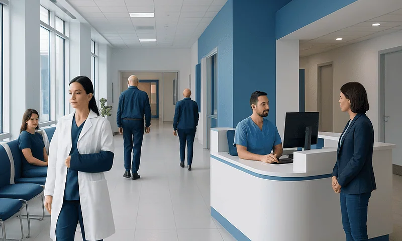 Modern hospital reception area with medical staff and patients.