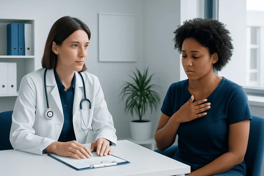Doctor consulting with a patient about health concerns in a modern clinic.