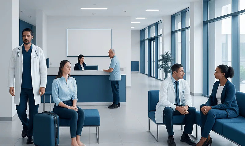 Modern hospital waiting area with doctors and patients in a bright, spacious setting.