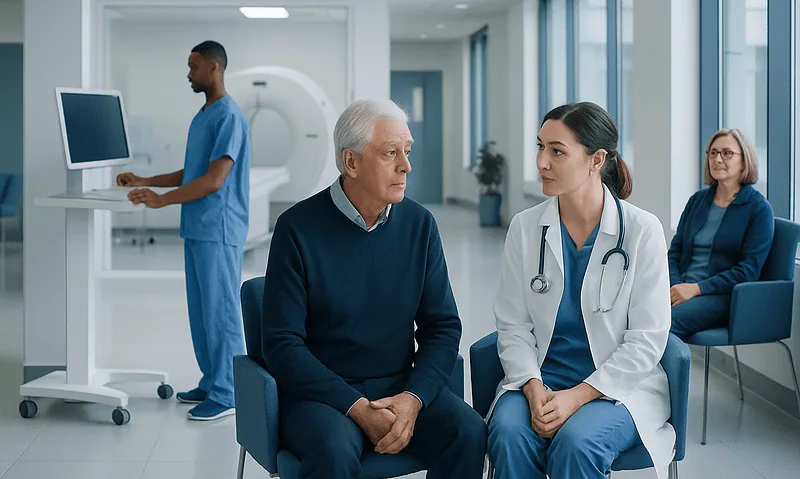 Doctor consulting with elderly patient in hospital setting.