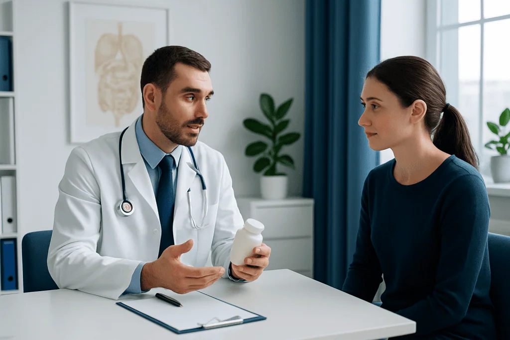 Doctor explaining medication options to a patient in a clinic setting.