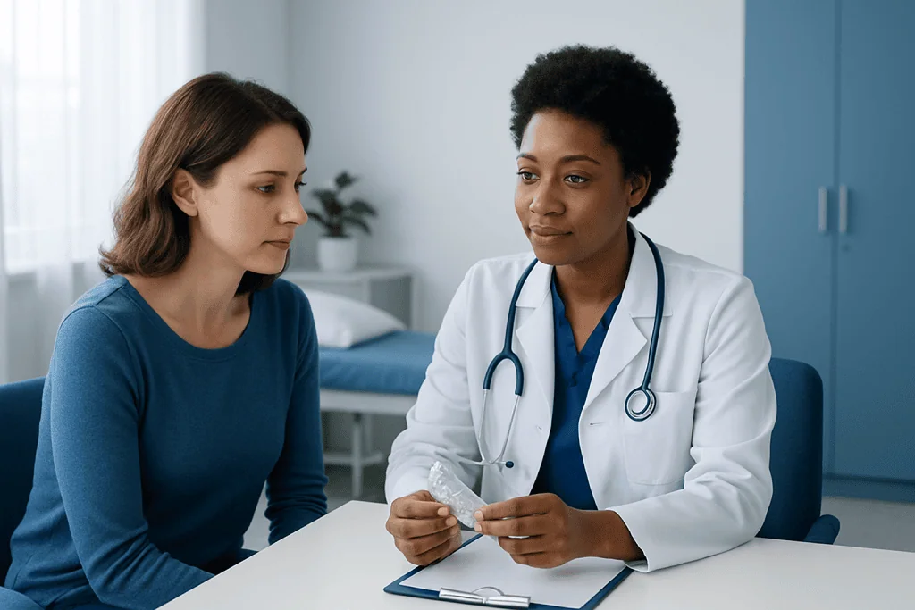 Female patient consulting with a doctor in a medical office.