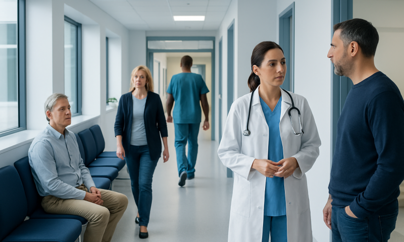 Doctor consulting with patient in hospital corridor with waiting patients.