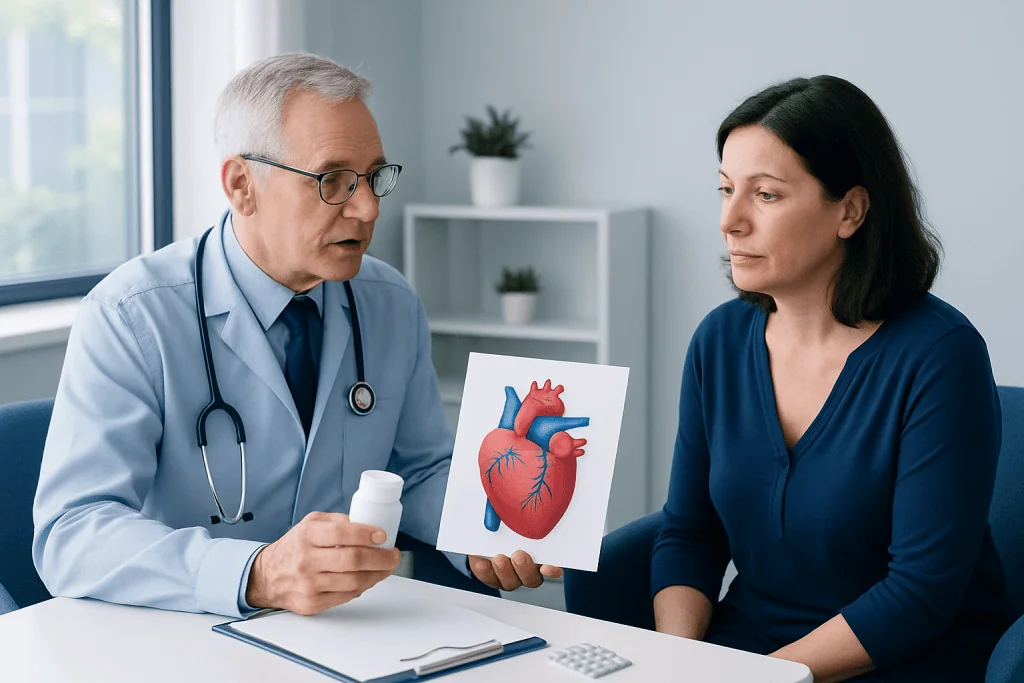 Cardiologist explaining heart health to a patient with a model of a heart.