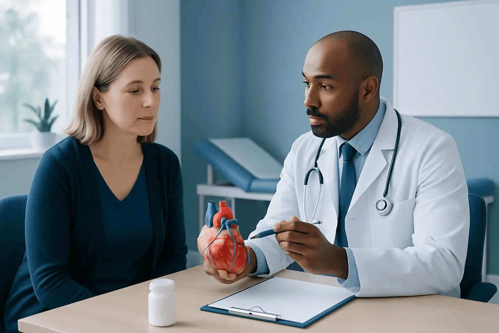 Doctor explaining hypertrophic cardiomyopathy to a patient with heart model.