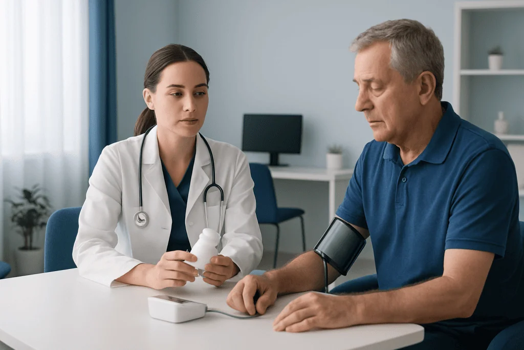 Doctor measuring blood pressure of a male patient in a clinical setting.