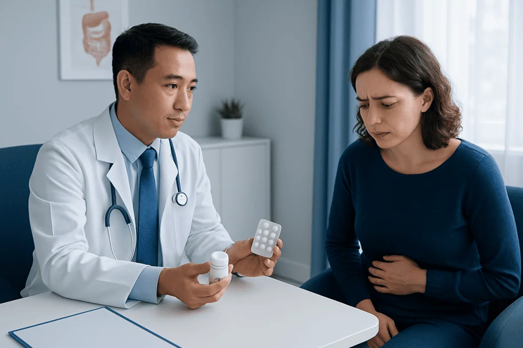Doctor explaining medication to a woman patient in a clinic setting.