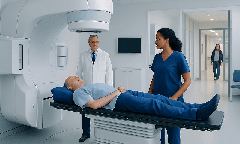 Patient undergoing radiation therapy in a modern hospital setting.