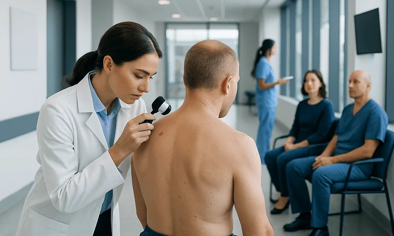 Doctor examining patient's back in a clinical setting at Acibadem Hospitals.