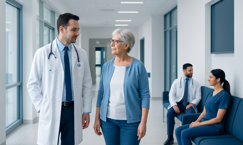 Doctor talking to an elderly woman in hospital corridor with patients in background.
