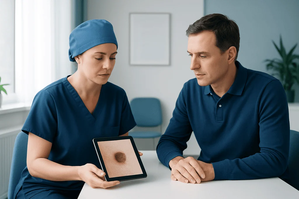 Dermatologist shows melanoma image to patient in consultation room.