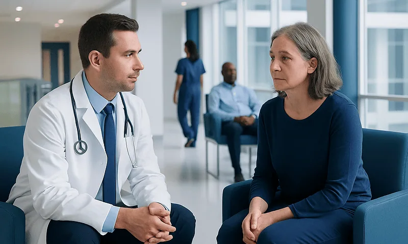 Doctor consulting with a patient in a modern hospital waiting area.