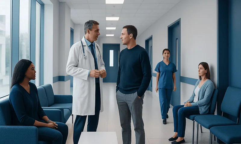 Doctor consulting with a patient in a hospital corridor with waiting patients.