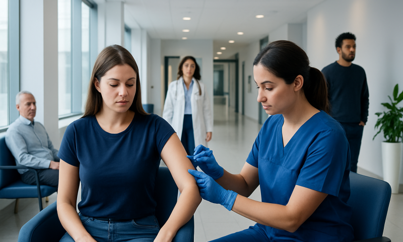 Nurse administering a vaccine to a young woman in a hospital corridor.