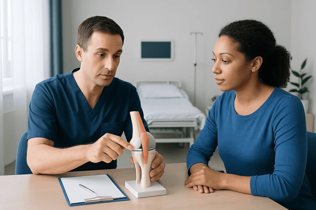 Orthopedic consultation for meniscus injury with model knee.